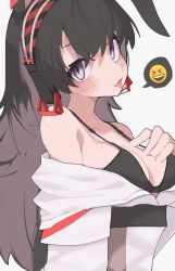 Rule 34 | 1girl, animal ears, april (arknights), arknights, black bra, black hair, blush, bra, breasts, cleavage, commentary, emoji, hairband, hand on own chest, highres, jacket, long hair, looking at viewer, medium breasts, off shoulder, open mouth, purple eyes, rabbit ears, signal 1120, simple background, smile, solo, spoken expression, symbol-only commentary, tongue, tongue out, underwear, upper body, white background, white jacket
