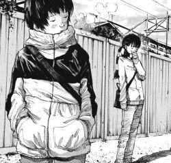 Rule 34 | 1boy, 1girl, bag, black eyes, black hair, black pants, closed eyes, closed mouth, day, embarrassed, greyscale, hand up, isobe keisuke, long hair, looking at another, monochrome, official art, open mouth, pants, satou koume, shirt, sweater, umibe no onnanoko, very long hair, white shirt