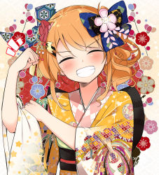 Rule 34 | 1girl, ^ ^, absurdres, bad id, bad pixiv id, blue bow, blush, bow, bras d&#039;honneur, closed eyes, commentary request, facing viewer, flower, grin, hair between eyes, hair bow, hair flower, hair ornament, head tilt, highres, japanese clothes, kimono, light brown hair, long hair, long sleeves, obi, orange kimono, original, pink flower, print kimono, sasahara wakaba, sash, smile, solo, star (symbol), star print, upper body, v-shaped eyebrows, wide sleeves