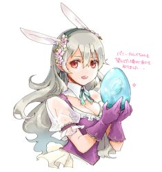 Rule 34 | 1girl, :d, blue ribbon, breasts, cleavage, corrin (female) (fire emblem), corrin (fire emblem), corset, detached collar, fire emblem, fire emblem fates, fire emblem if, flower, gloves, grey hair, grey hairband, hair between eyes, hair flower, hair ornament, hairband, holding, intelligent systems, long hair, looking at viewer, medium breasts, neck ribbon, nintendo, open mouth, pink flower, pointy ears, purple corset, purple gloves, red eyes, ribbon, robaco, short sleeves, simple background, sketch, smile, solo, straight hair, very long hair, white background, white sleeves, wing collar