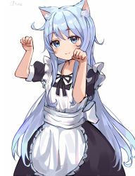 Rule 34 | 1girl, alternate costume, animal ear fluff, animal ears, apron, aroa (aroamoyasi), artist name, back bow, black dress, black ribbon, blue eyes, blue hair, blush, bow, cat ears, closed mouth, commentary request, dress, enmaided, flat chest, hands up, happy, hibiki (kancolle), kantai collection, long hair, looking at viewer, maid, maid apron, neck ribbon, paw pose, puffy short sleeves, puffy sleeves, ribbon, short sleeves, signature, simple background, smile, solo, standing, very long hair, white background