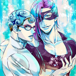 Rule 34 | 2boys, blue eyes, blue hair, clothing cutout, curly hair, domino mask, ghiaccio, glasses, gloves, highres, jojo no kimyou na bouken, male focus, mask, melone, mikan03260, multicolored hair, multiple boys, pectoral cleavage, pectorals, purple hair, red-framed eyewear, snowflakes, snowing, vento aureo