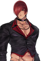 Rule 34 | 1boy, absurdres, bara, beniazumaru, black choker, black jacket, choker, closed mouth, cropped jacket, hair over one eye, highres, jacket, jewelry, large pectorals, looking at viewer, male focus, muscular, muscular male, necklace, one eye covered, pectoral cleavage, pectorals, red eyes, red hair, short hair, solo, the king of fighters, upper body, yagami iori