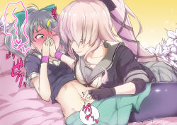 Rule 34 | 2girls, bed, bed sheet, black legwear, blush, bow, breasts, brown eyes, cleavage, collarbone, commentary request, covering own mouth, elbow pads, fingerless gloves, flower, full-face blush, gloves, green skirt, grey hair, hair between eyes, hair bow, hair ribbon, highres, kantai collection, lily (flower), long hair, lying, medium breasts, midriff, multiple girls, navel, navel fingering, navel insertion, neckerchief, pantyhose, pink hair, pleated skirt, poking belly, ponytail, ribbon, ryuu tou, sailor collar, school uniform, serafuku, skirt, small breasts, smile, speech bubble, text focus, translation request, uncommon stimulation, very long hair, wrist cuffs, yura (kancolle), yuri, yuubari (kancolle)