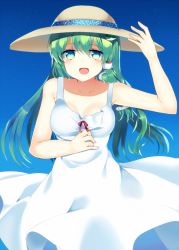 Rule 34 | 1girl, :d, alternate costume, aqua eyes, bad id, bad pixiv id, bare arms, bare shoulders, blue background, breasts, cleavage, dress, frog hair ornament, green hair, hair ornament, hair tubes, hand on headwear, hand on own chest, hat, hat ribbon, kochiya sanae, large breasts, long hair, looking at viewer, mizutori mishi, open mouth, ribbon, simple background, smile, snake hair ornament, solo, straw hat, sun hat, sundress, touhou