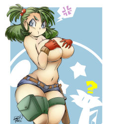 Rule 34 | 1girl, absurdres, angry, bare shoulders, blush, grabbing another&#039;s breast, breasts, bulma, curvy, dragon ball, dragoontequila, female focus, grabbing, highres, large breasts, long hair, looking at viewer, no bra, ponytail, short shorts, shorts, side ponytail, simple background, son goku, thighs, topless