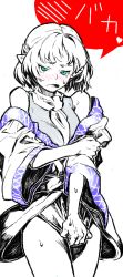 Rule 34 | 1girl, blue eyes, blush, covering privates, covering crotch, female focus, green eyes, mizuhashi parsee, monochrome, off shoulder, pointy ears, shirt tug, short hair, solo, spot color, sweat, touhou, watata13