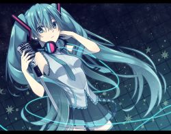 Rule 34 | 1girl, aqua eyes, aqua hair, aqua nails, aqua necktie, bare shoulders, belt, black skirt, black thighhighs, breasts, cable, commentary, cowboy shot, expressionless, hair ornament, hand in own hair, hatsune miku, headphones, headphones around neck, highres, holding, holding microphone, long hair, looking to the side, microphone, microphone stand, nail polish, necktie, shirt, skirt, sleeveless, sleeveless shirt, small breasts, solo, standing, star (symbol), tamakingx422x, thighhighs, twintails, very long hair, vocaloid, zettai ryouiki