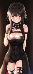 Rule 34 | 1girl, absurdres, arm behind back, bare shoulders, black dress, black gloves, black hair, black thighhighs, blush, breasts, cleavage, closed mouth, covered navel, cowboy shot, dark background, dress, fingerless gloves, flower, gloves, gold hairband, hair flower, hair ornament, hairband, highres, large breasts, light particles, off-shoulder dress, off shoulder, raised eyebrows, red eyes, ronabel, rose, sidelocks, solo, spikes, spy x family, taut clothes, thighhighs, two-sided dress, two-sided fabric, yor briar