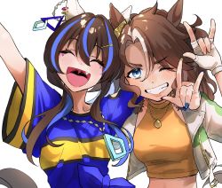 Rule 34 | 2girls, \m/, animal ears, arm around neck, arm up, blue eyes, blue hair, blush, brown hair, crop top, cropped jacket, daitaku helios (umamusume), ear covers, closed eyes, fang, fingerless gloves, gloves, halter shirt, halterneck, hands up, highres, horse ears, horse girl, horse tail, jacket, jewelry, long hair, long sleeves, mejiro palmer (umamusume), multicolored hair, multiple girls, necklace, open clothes, open jacket, sarachi (sara dayluv), shirt, short sleeves, simple background, t-shirt, tail, teeth, tied shirt, two-tone hair, umamusume, upper body, white background, white hair