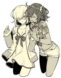 Rule 34 | 2girls, blush, crepe, eating, closed eyes, eyewear on head, fate/grand order, fate (series), food, fujimaru ritsuka (female), fujimaru ritsuka (female) (tropical summer), glasses, hair cov, hair over one eye, holding hands, in kai, mash kyrielight, mash kyrielight (swimsuit of perpetual summer), monochrome, multiple girls, official alternate costume, tropical summer (fate)