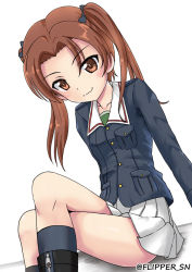 Rule 34 | 10s, 1girl, arm support, black footwear, black ribbon, black socks, blue jacket, boots, brown eyes, brown hair, closed mouth, commentary, crossed legs, dutch angle, flipper, girls und panzer, green shirt, hair ribbon, jacket, kadotani anzu, leaning back, long hair, long sleeves, looking at viewer, military, military uniform, miniskirt, one-hour drawing challenge, ooarai military uniform, parted bangs, pleated skirt, ribbon, shirt, skirt, smile, socks, solo, twintails, twitter username, uniform, white background, white skirt, zipper