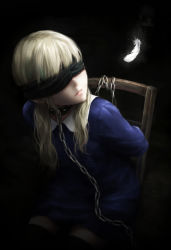 Rule 34 | 1girl, black background, blindfold, blonde hair, blue dress, bound, bound wrists, chained, chain, chair, collar, commentary request, dark, dress, feathers, long hair, nuwanko, original, parted lips, short dress, simple background, sitting, solo, thighhighs