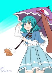 Rule 34 | 1girl, absurdres, apf, blue background, blue capelet, blue eyes, blue hair, blue skirt, capelet, commentary, dated, english commentary, heterochromia, highres, holding, holding umbrella, karakasa obake, long sleeves, open mouth, purple umbrella, red eyes, short hair, signature, skirt, solo, tatara kogasa, tongue, touhou, two-tone background, umbrella, white background, wild and horned hermit