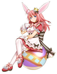 Rule 34 | 1girl, ahoge, animal ears, ankle bow, ankle ribbon, ball, blue eyes, bow, breasts, character request, crossed legs, crown, cup, gloves, kasuga yukihito, leg ribbon, long hair, mary janes, mini crown, pink hair, puff and slash sleeves, puffy sleeves, rabbit ears, ribbon, shoes, simple background, sitting, smile, solo, teacup, thighhighs, white gloves, white thighhighs