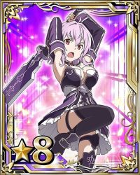 Rule 34 | 10s, 1girl, armpits, arms up, black footwear, boots, breasts, card (medium), cleavage, convenient leg, detached sleeves, holding, holding sword, holding weapon, leg up, looking at viewer, medium breasts, mole, mole on breast, open mouth, purple hair, red eyes, short hair, solo, strea (sao), sword, sword art online, thigh boots, thighhighs, weapon