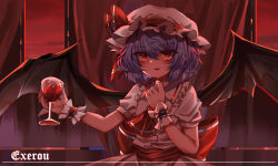 Rule 34 | 1girl, absurdres, ascot, bat wings, bow, brooch, collared shirt, fang, frilled shirt collar, frilled sleeves, frills, hat, hat ribbon, highres, jewelry, light purple hair, mob cap, pink hat, pink shirt, puffy short sleeves, puffy sleeves, red ascot, red bow, red eyes, red ribbon, red sky, remilia scarlet, ribbon, shirt, short hair, short sleeves, sky, solo, top-exerou, touhou, waist bow, white hat, wings, wrist cuffs