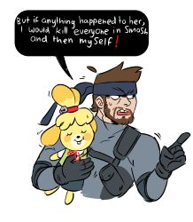 Rule 34 | 1boy, 1girl, absurdres, animal crossing, animal ears, bandana, beard, bell, black eyes, black gloves, blonde hair, blue skirt, blush stickers, bodysuit, brown hair, buck teeth, closed mouth, dog ears, dog girl, english text, closed eyes, facial hair, fudgeapple, furry, gloves, green vest, grey bodysuit, hair tie, hands up, headband, highres, holding, hug, isabelle (animal crossing), jingle bell, jpeg artifacts, looking to the side, metal gear (series), metal gear solid, neck ribbon, nintendo, open mouth, pointing, red neckwear, ribbon, shirt, short hair, short sleeves, simple background, size difference, skirt, smile, solid snake, speech bubble, super smash bros., talking, teeth, text focus, topknot, upper body, vest, white background, white shirt