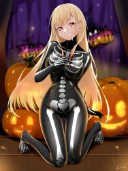 Rule 34 | 1girl, absurdres, barbell piercing, blonde hair, bodysuit, breasts, ear piercing, earrings, english text, forest, full body, gluteal fold, gradient hair, grin, halloween, halloween costume, highres, impossible bodysuit, impossible clothes, industrial piercing, j.c.14, jack-o&#039;-lantern, jewelry, kitagawa marin, kneeling, large breasts, long hair, looking at viewer, multicolored hair, narrow waist, nature, night, piercing, pumpkin, red eyes, sidelocks, skeleton print, smile, solo, sono bisque doll wa koi wo suru, thigh gap, very long hair, zentai