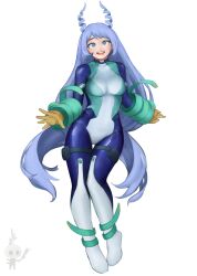 Rule 34 | 1girl, :d, absurdres, blue bodysuit, blue eyes, blue hair, bodysuit, boku no hero academia, breasts, drill hair, floating, full body, gloves, green bodysuit, hadou nejire, highres, long hair, looking at viewer, medium breasts, midair, multicolored bodysuit, multicolored clothes, nhuahomm, open mouth, simple background, smile, solo, teeth, upper teeth only, very long hair, white background, yellow gloves