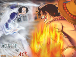 Rule 34 | 2boys, alternate universe, bangle, battle, black hair, bracelet, character name, copyright name, crystal sword, devil fruit, element bender, epic, fighting, fire, hat, highres, ice, jewelry, kuzan (aokiji), logia, long sleeves, male focus, multiple boys, necklace, one piece, pirate, portgas d. ace, sword, tattoo, topless male, weapon, zugan (berugkamp)