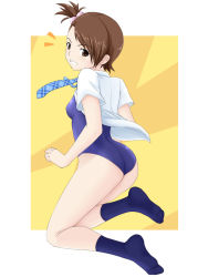 Rule 34 | 1girl, ass, bare legs, breasts, brown eyes, brown hair, feet, futami ami, grin, highres, idolmaster, idolmaster (classic), looking back, necktie, no pants, one-piece swimsuit, school uniform, short hair, side ponytail, small breasts, smile, socks, soles, solo, swimsuit, swimsuit under clothes, tengu (tetuo kun)