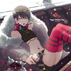 Rule 34 | 1boy, black hair, candy, chocolate, chocolate heart, drink, food, green eyes, heart, heart necklace, jewelry, looking at viewer, male focus, morino bambi, navel piercing, necklace, original, piercing, pink legwear, short hair, solo, trap, tumbler, valentine