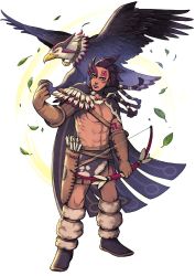 Rule 34 | #compass, 1boy, abs, armor, arrow (projectile), belt, bird, black cape, black eyes, blue cape, blue footwear, bodypaint, bow (weapon), brown gloves, brown hair, cape, closed mouth, dreadlocks, eagle, earrings, forehead, full body, gloves, half-closed eyes, hand up, head tilt, highres, holding, holding bow (weapon), holding weapon, istaqa (#compass), jewelry, kusa no oh, falling leaves, leg warmers, loincloth, long hair, looking at viewer, male focus, mapiya (#compass), native american, necklace, no shirt, official art, pectorals, quiver, shoes, shoulder armor, standing, stomach, third-party source, weapon, white background