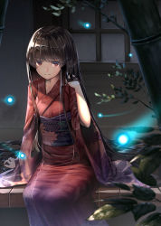 Rule 34 | 1girl, alternate costume, bamboo, black hair, brown eyes, commentary request, floral print, highres, hime cut, houraisan kaguya, image sample, japanese clothes, kimono, long hair, long sleeves, looking at viewer, night, obi, outdoors, plant, playing with own hair, red eyes, red kimono, ryosios, sash, sitting, smile, solo, touhou, very long hair, wide sleeves, window