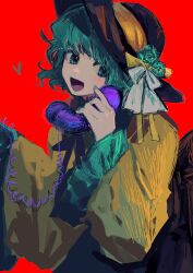 Rule 34 | 1girl, :d, absurdres, black hat, blouse, blush, commentary request, corded phone, fingerless gloves, flower, frilled sleeves, frills, gloves, gotagotay, green eyes, green flower, green nails, grey hair, hands up, hat, hat flower, hat ribbon, highres, holding, holding phone, komeiji koishi, long sleeves, looking at viewer, nail polish, open mouth, phone, red background, ribbon, shirt, short hair, simple background, smile, solo, touhou, upper body, white ribbon, wide sleeves, yellow shirt