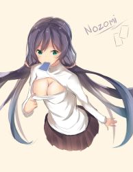 Rule 34 | 10s, 1girl, :&gt;, blush, breasts, card, card in mouth, character name, cleavage, cleavage cutout, cleavage reach, clothes pull, clothing cutout, downblouse, gradient background, green eyes, large breasts, long hair, looking at viewer, love live!, love live! school idol project, mouth hold, no bra, purple hair, seedkeng, simple background, skirt, smile, solo, sweater, sweater pull, tojo nozomi, turtleneck, turtleneck sweater, twintails