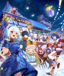 4girls 6+girls :d ^_^ absurdres ahoge aranara_(genshin_impact) azna bare_shoulders black_hair blonde_hair blue_bow blue_dress blue_eyes blue_hair blue_hairband blue_jacket blue_pupils blush bow braid breasts brown_coat brown_hair closed_eyes closed_mouth coat commentary crossed_bangs cup diamond-shaped_pupils diamond_(shape) dress drinking earrings english_commentary floating food fur-trimmed_dress fur-trimmed_headwear fur-trimmed_jacket fur_trim furina_(genshin_impact) genshin_impact gift green_eyes guoba_(genshin_impact) hair_between_eyes hairband hand_up hat heterochromia high_heels highres holding holding_cup holding_gift holding_tray jacket jewelry kachina_(genshin_impact) kinich_(genshin_impact) light_blue_hair long_hair long_sleeves mavuika_(genshin_impact) medium_breasts medium_hair mualani_(genshin_impact) multicolored_hair multiple_girls nahida_(genshin_impact) necklace neuvillette_(genshin_impact) night night_sky off-shoulder_dress off_shoulder on_roof one_eye_closed open_mouth orange_hat orange_scarf outdoors pom_pom_(clothes) raiden_shogun red_dress red_eyes red_footwear red_hair red_hat red_jacket santa_costume santa_hat scarf sitting sitting_on_roof sky smile socks standing standing_on_one_leg star_(sky) starry_sky sticky_honey_roast_(genshin_impact) streaked_hair sweet_madame_(genshin_impact) symbol-shaped_pupils tankard thigh_strap tray twin_braids twitter_username venti_(genshin_impact) very_long_hair white_hair white_socks xiangling_(genshin_impact) xiangling_(new_year&#039;s_cheer)_(genshin_impact) yellow_hat zhongli_(genshin_impact)