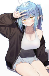 Rule 34 | 1girl, ahoge, arm up, blue hair, blush, breasts, brown jacket, cleavage, closed mouth, dress, elf, highres, hiroikara (smhong04), hololive, jacket, large breasts, long hair, long sleeves, looking at viewer, looking up, open clothes, open jacket, pointy ears, simple background, single bare shoulder, sleeveless, sleeveless dress, smile, solo, twintails, v, virtual youtuber, white background, white dress, yellow eyes, yukihana lamy