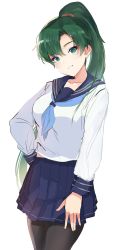 Rule 34 | 1girl, absurdres, breasts, collarbone, commentary request, fire emblem, fire emblem: the blazing blade, green hair, hand on own hip, head tilt, highres, long hair, long sleeves, looking at viewer, lyn (fire emblem), medium breasts, nintendo, ormille, pantyhose, parted lips, ponytail, school uniform, simple background, skirt, smile, solo, white background