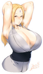Rule 34 | 1girl, armpits, arms behind head, arms up, bad id, bad pixiv id, blonde hair, breasts, brown eyes, cleavage, collarbone, commentary, dated, dyun, highres, huge breasts, long hair, naruto, naruto (series), parted lips, signature, simple background, solo, steam, sweat, tsunade (naruto), white background