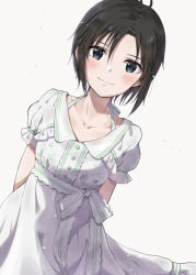 Rule 34 | 1girl, antenna hair, arms behind back, black eyes, black hair, blush, closed mouth, collarbone, commentary, dress, dutch angle, hair between eyes, halterneck, highres, idolmaster, idolmaster (classic), idolmaster 2, idolmaster million live!, idolmaster million live! theater days, kikuchi makoto, looking at viewer, mogskg, puffy short sleeves, puffy sleeves, short hair, short sleeves, simple background, smile, solo, standing, upper body, white background, white dress