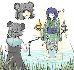 Rule 34 | 2girls, animal ears, bishamonten&#039;s pagoda, blue hair, capelet, dowsing rod, fins, frilled kimono, frills, from behind, glowing, gold, grass, green kimono, grey hair, grey skirt, grey vest, head fins, highres, japanese clothes, kimono, layered clothes, long sleeves, looking at another, motion lines, mouse ears, mouse tail, multiple girls, nazrin, obi, peroponesosu., red eyes, ripples, sash, shirt, short hair, silver, skirt, skirt set, surprised, tail, touhou, vest, wakasagihime, water, white shirt, wide sleeves