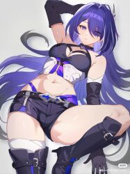 Rule 34 | 1girl, absurdres, acheron (honkai: star rail), arm up, bandaged leg, bandages, bare shoulders, belt, black belt, black footwear, black gloves, black shorts, boots, breasts, cleavage, commentary, crop top, earrings, elbow gloves, fangai-anmian, gloves, grey background, grey hair, hair intakes, hair ornament, high heel boots, high heels, highres, honkai: star rail, honkai (series), jewelry, looking at viewer, midriff, multicolored hair, navel, purple hair, short shorts, shorts, small breasts, solo, stomach, streaked hair, thighs