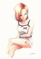 Rule 34 | 1girl, android 18, blonde hair, blue eyes, bracelet, breasts, collarbone, cropped legs, dragon ball, dragonball z, earrings, forehead, invisible chair, jewelry, crossed legs, looking to the side, medium breasts, miniskirt, red ribbon army, short hair, sitting, solo, tama azusa hatsu, tattoo