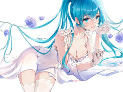Rule 34 | 1girl, artist name, blue eyes, blue hair, breasts, cleavage, closed mouth, collarbone, dress, flower, gloves, hamonji, hatsune miku, highres, long hair, looking at viewer, medium breasts, purple flower, purple rose, ribbon, rose, simple background, sitting, sleeveless, sleeveless dress, smile, solo, thighhighs, twintails, very long hair, vocaloid, white background, white dress, white gloves, white ribbon, white thighhighs, zettai ryouiki
