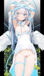 Rule 34 | 1girl, absurdres, arms up, blue eyes, blue ribbon, breasts, chestnut mouth, cleft of venus, clitoris, dress, feathered wings, grey hair, hair between eyes, highres, kamioka shun&#039;ya, long hair, looking at viewer, medium breasts, mole, mole on thigh, no panties, nude filter, original, parted lips, pillarboxed, pussy, ribbon, solo, strapless, strapless dress, tagme, third-party edit, twintails, uncensored, very long hair, white dress, white wings, wings