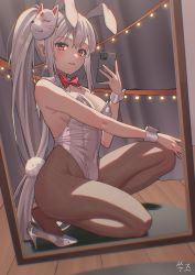 Rule 34 | 1girl, absurdres, animal ears, bow, bowtie, breasts, brown pantyhose, cellphone, cleavage, commission, covered navel, detached collar, fake animal ears, fake tail, fox mask, grey footwear, grey hair, grey leotard, high heels, highres, holding, holding phone, indoors, large breasts, leotard, long hair, looking at viewer, mask, mask on head, mirror, neil (neil nim), on one knee, original, pantyhose, parted lips, phone, playboy bunny, ponytail, rabbit ears, rabbit tail, red bow, red bowtie, red eyes, reflection, selfie, sidelocks, smartphone, smile, solo, strapless, strapless leotard, tail, thighs, traditional bowtie, very long hair, wooden floor, wrist cuffs