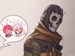 Rule 34 | &gt; &lt;, 1boy, 2girls, ahoge, anger vein, angry, blush, breasts, call of duty, cape, chibi, cleavage, clenched hand, closed eyes, commission, explosive, facepaint, ghost (modern warfare 2), ghost (modern warfare 2019), gloves, grenade, hands on own face, headphones, heart, long sleeves, looking back, mask, modern warfare (2019), multiple girls, open mouth, pink hair, radio, red hair, roll out road, shirt, short hair, short sleeves, skull mask, speech bubble, sweat, tied shirt, twintails, union jack, vest