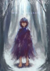 Rule 34 | 1girl, a song of ice and fire, androgynous, bad id, bad pixiv id, bare tree, barefoot, black hair, blue eyes, character name, child, cloak, creepy, forest, glowing, glowing eyes, horror (theme), nature, pukun, rags, snow, solo, tree, white walker (a song of ice and fire), wight (a song of ice and fire)
