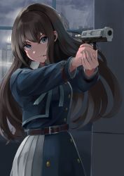 Rule 34 | 1girl, absurdres, aiming, black hair, blue eyes, closed mouth, gun, handgun, headset, highres, holding, holding gun, holding weapon, inoue takina, long hair, long sleeves, looking at viewer, lycoris recoil, lycoris uniform, maou (pixiv55083682), solo, two-tone dress, uniform, upper body, weapon