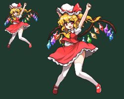 Rule 34 | &gt;:d, 1girl, :d, arms up, ascot, bad id, bad pixiv id, blonde hair, commentary request, crystal, flandre scarlet, frilled hat, frilled skirt, frills, full body, green background, hat, hat ribbon, hip focus, jumping, mary janes, mob cap, namako daibakuhatsu, open mouth, pixel art, puffy short sleeves, puffy sleeves, red eyes, red footwear, red ribbon, red skirt, red vest, ribbon, shoes, short sleeves, side ponytail, simple background, skirt, smile, solo, thighhighs, touhou, v-shaped eyebrows, vest, wavy hair, white thighhighs, wings