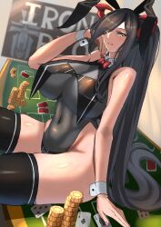 Rule 34 | 1girl, absurdres, ace (playing card), ace of clubs, ace of spades, alternate costume, alternate hairstyle, animal ears, azur lane, black hair, black leotard, black thighhighs, bow, breast curtains, breasts, card, club (shape), eyes visible through hair, fake animal ears, friedrich der grosse (azur lane), from side, hand on own cheek, hand on own face, highleg, highleg leotard, highres, horns, huge breasts, impossible clothes, impossible leotard, iron blood (emblem), leotard, long hair, looking at viewer, looking to the side, mechanical horns, namazake, nontraditional playboy bunny, playing card, poker chip, poker table, rabbit ears, red bow, red horns, shiny skin, sitting, sitting on table, solo, spade (shape), table, thighhighs, very long hair, wrist cuffs, yellow eyes