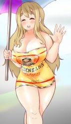 Rule 34 | 1girl, bare shoulders, blonde hair, blush, breasts, cleavage, closed eyes, k-on!, keigi, kotobuki tsumugi, large breasts, long hair, open mouth, smile, solo, standing, tagme, thick eyebrows