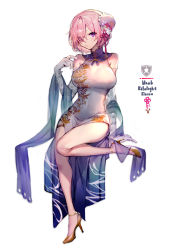 Rule 34 | 1girl, alternate costume, bare legs, bare shoulders, breasts, character name, china dress, chinese clothes, commentary request, covered navel, detached sleeves, dress, elbow gloves, eyes visible through hair, fate/grand order, fate (series), gloves, hair bun, hair ornament, hair over one eye, high heels, highres, large breasts, looking at viewer, mash kyrielight, mebaru, parted lips, pink hair, purple eyes, short hair, simple background, single hair bun, sitting, sleeveless, sleeveless dress, solo, thighs, white background, white dress, white gloves, yellow footwear