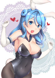 Rule 34 | 1girl, alternate costume, animal ears, black leotard, black pantyhose, blue eyes, blue hair, blue sailor collar, breasts, cleavage, commentary request, covered navel, cowboy shot, detached collar, double bun, elbow gloves, fake animal ears, gloves, hair bun, highres, kanaka (kananan0910828), kantai collection, large breasts, leotard, multicolored background, open mouth, pantyhose, playboy bunny, rabbit ears, rabbit tail, sailor collar, salute, smile, solo, strapless, strapless leotard, tail, urakaze (kancolle), white gloves